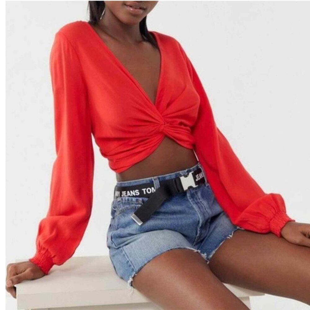 Urban Outfitters Red Front Twist Knot Long Sleeved Blouse